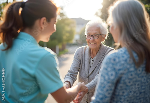 warm interaction between caregiver and two elderly women, showcasing compassion and connection in natural setting. sunlight enhances joyful atmosphere