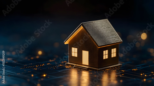 glowing digital house icon on circuit board background, symbolizing technology and innovation in real estate. This evokes sense of modern living and connectivity