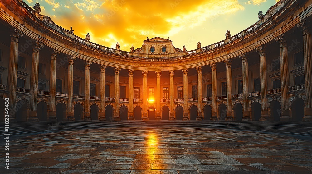 Naklejka premium Breathtaking sunset illuminating grand architectural columns and serene sky.