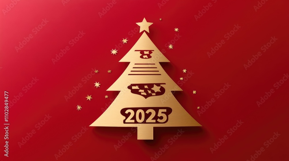 Festive Red Christmas Tree Design with Gold Elements for Holiday Celebration and New Year 2025 Featuring Stars and a Playful Santa Sleigh Festive Red Christmas Tree Design with Gold Elements for Holiday Celebration and New Year 2025 Featuring Stars and a Playful Santa Sleigh