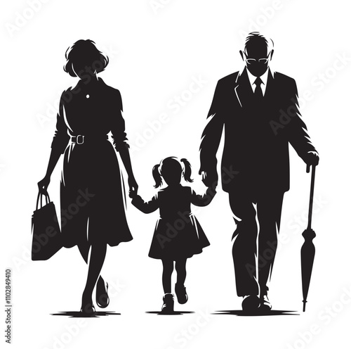 grandparents walking with granddaughter vector silhouette Illustration 