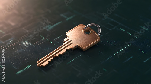 modern key resting on digital background, symbolizing security and technology. This evokes sense of innovation and protection in digital world