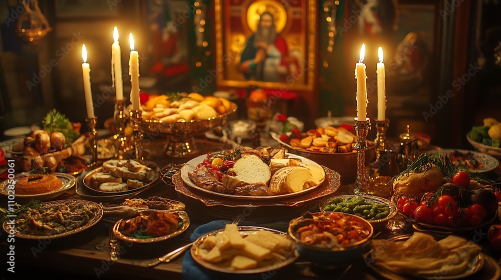 A richly adorned table filled with various dishes, candles illuminating the scene, and an icon of a saint in the background, creating a warm, inviting atmosphere. A richly adorned table filled with various dishes, candles illuminating the scene, and an icon of a saint in the background, creating a warm, inviting atmosphere.