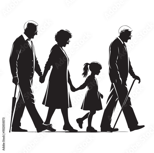 grandparents walking with granddaughter vector silhouette Illustration 