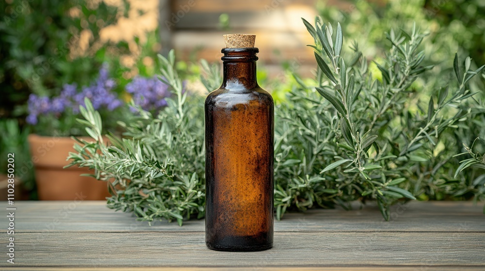 Amber glass bottle with cork stopper, surrounded by fresh herbs, on a wooden table outdoors. Amber glass bottle with cork stopper, surrounded by fresh herbs, on a wooden table outdoors.