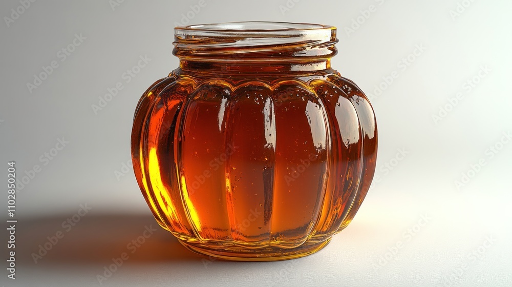 Amber honey in a glass jar with ribbed surface. Amber honey in a glass jar with ribbed surface.