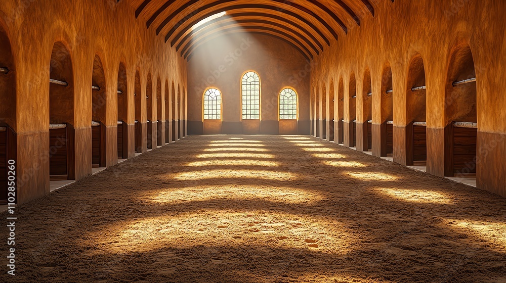 Fototapeta premium Light filters through arches in a spacious, rustic hall, casting shadows on the ground.