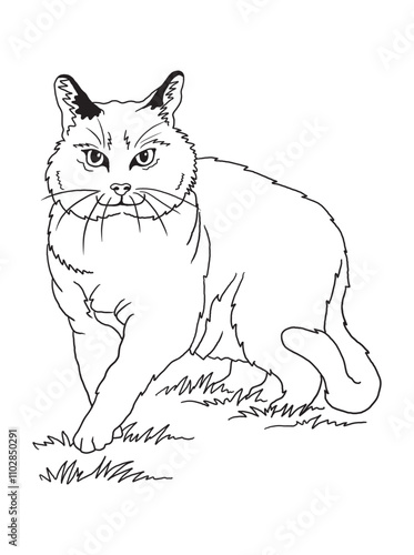 Minimalist black-and-white cat illustration designed for coloring books. A delightful choice for feline fans, kids, and artistic activities.