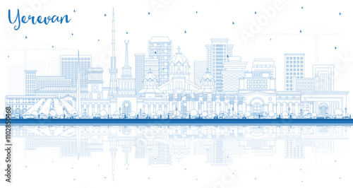 Seamless pattern with Outline Yerevan Armenia City Skyline with Blue Buildings. Yerevan Cityscape with Landmarks. Business Travel and Tourism Concept with Historic Architecture.