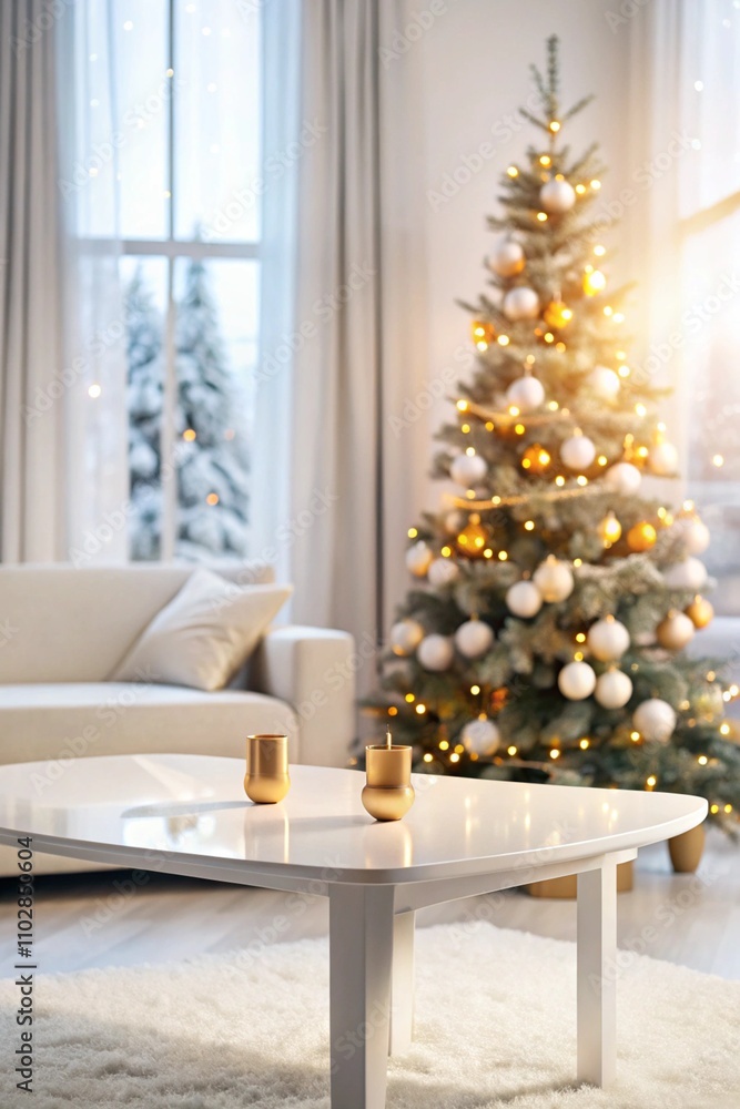 Blank white table top with abstract warm living room decor with Christmas tree, light blurred background with snow Blank white table top with abstract warm living room decor with Christmas tree, light blurred background with snow