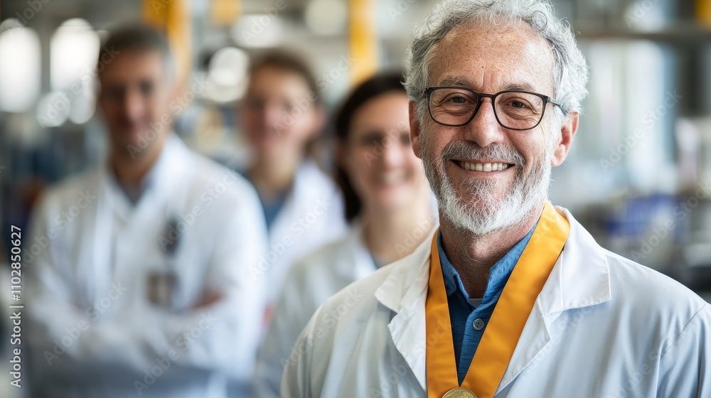 Exceptional Senior Researcher Proudly Displaying Medal with Colleagues in Background Exceptional Senior Researcher Proudly Displaying Medal with Colleagues in Background