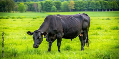 Black angus cow grazing on lush green meadow, cattle, livestock, farm, agriculture, rural, grass, pasture, mammal, nature photo