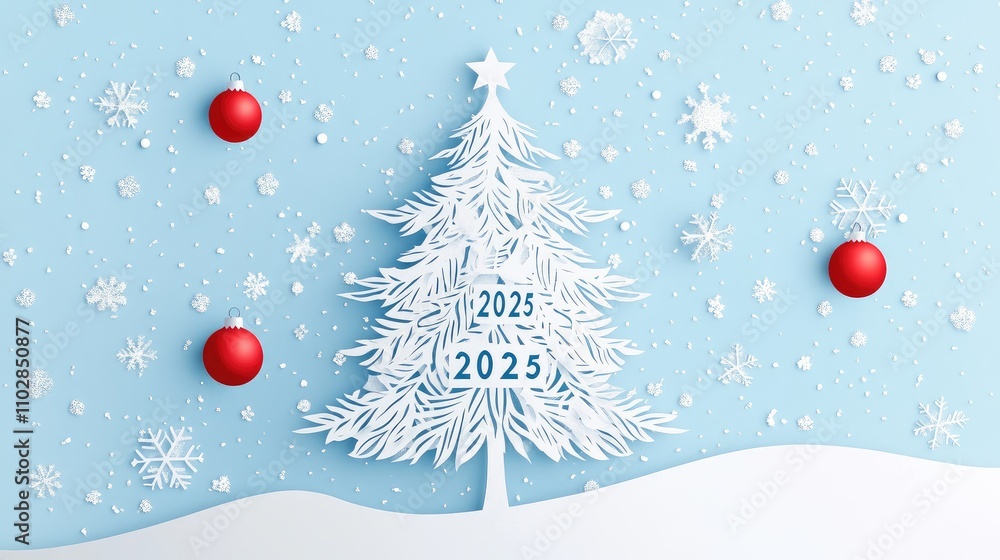 Elegant White Christmas Tree with Red Ornaments and Snowflakes on a Soft Blue Background for a Festive 2025 Celebration and Holiday Cheer Elegant White Christmas Tree with Red Ornaments and Snowflakes on a Soft Blue Background for a Festive 2025 Celebration and Holiday Cheer