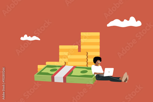 Black Business woman getting paid from computer at home. concept of online shop, passive income, success and opportunity