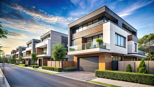 Modern residential building and street with clean lines and minimalistic design, residential, modern, building