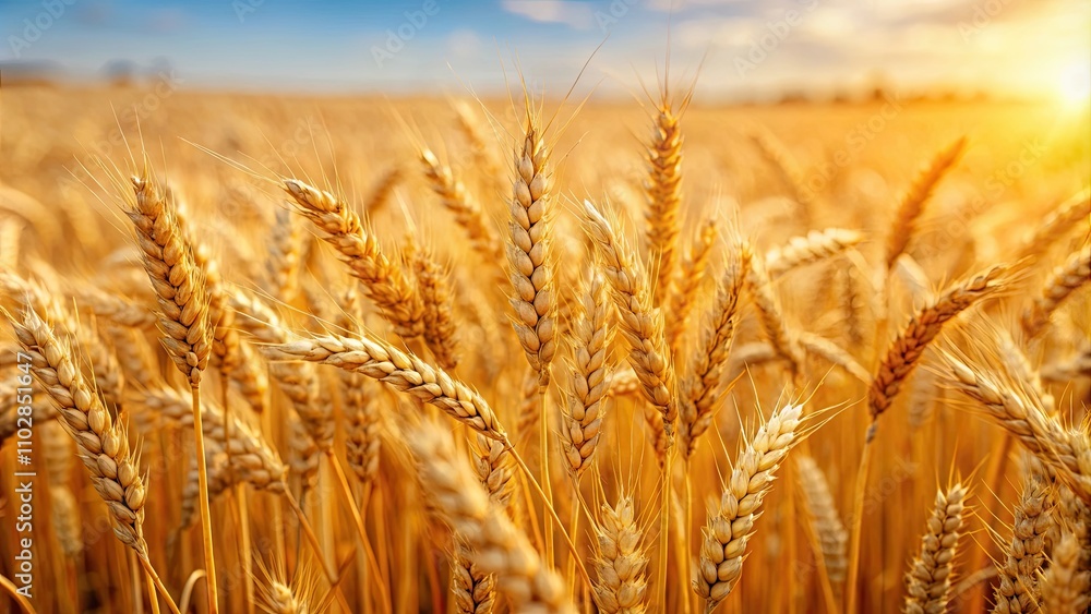 Fototapeta premium Closeup of golden wheat ears in a vast field , harvest, agriculture, farm, summer, crop, nature, growth, rural, countryside, food