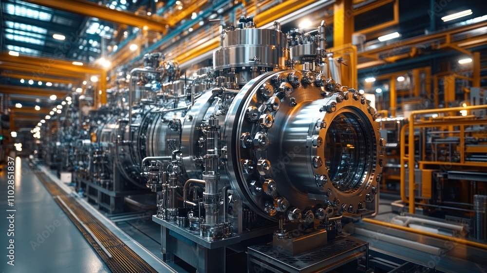 Hyper-detailed image of hydrogen production equipment being assembled in a cutting-edge facility. Hyper-detailed image of hydrogen production equipment being assembled in a cutting-edge facility.