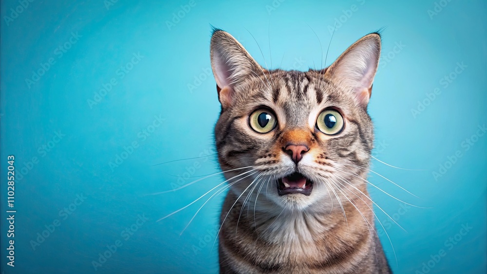 Surprised cat with wide open eyes and mouth on blue background, surprised, cat, wide eyes, open mouth, blue background, startled Surprised cat with wide open eyes and mouth on blue background, surprised, cat, wide eyes, open mouth, blue background, startled