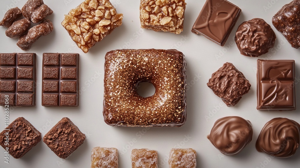 Assorted chocolate and confectionery treats arranged on a white surface. Assorted chocolate and confectionery treats arranged on a white surface.