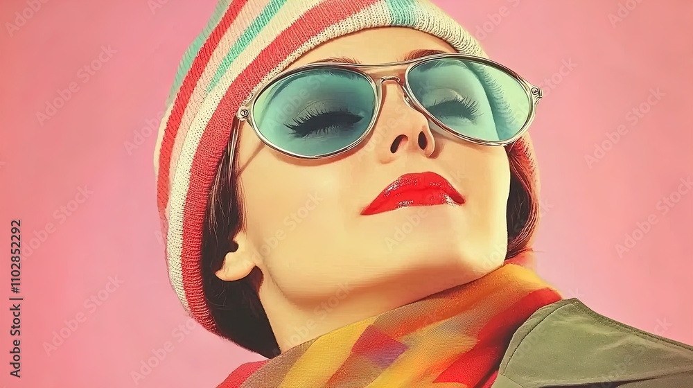 Vibrant Winter Style: A Woman in a Multicolored Striped Hat and Chunky Scarf - Perfect for Eye-Catching Sports Interior Posters or Fashion-Inspired Decor! Vibrant Winter Style: A Woman in a Multicolored Striped Hat and Chunky Scarf - Perfect for Eye-Catching Sports Interior Posters or Fashion-Inspired Decor!