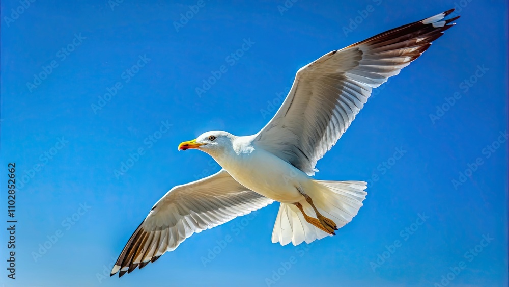 Obraz premium Seagull gliding gracefully through the clear blue sky, Seagull, flying, graceful, beautiful, alone, sky, bird, wings, freedom