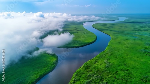 Aerial View of Winding River Through Lush Green Landscape with Clouds