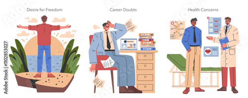 Men Midlife Crisis. Flat Vector Illustration