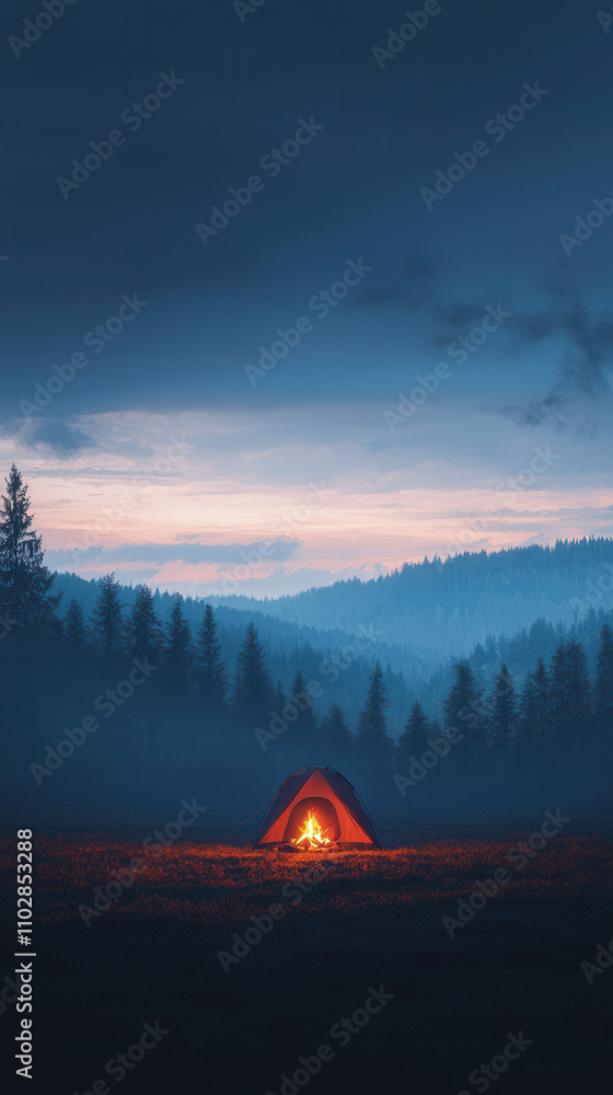 serene camping scene featuring tent by glowing bonfire, surrounded by misty mountains and tall trees. tranquil atmosphere evokes sense of adventure and peace serene camping scene featuring tent by glowing bonfire, surrounded by misty mountains and tall trees. tranquil atmosphere evokes sense of adventure and peace