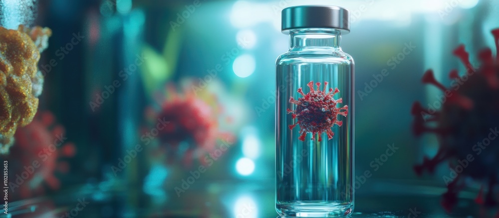 Virus seen in a glass vial, biohazard environment, symbolic of containment Virus seen in a glass vial, biohazard environment, symbolic of containment