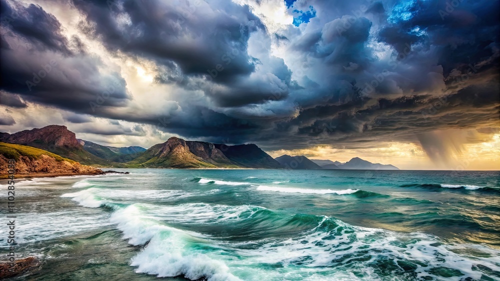 Stormy skies over rough mountainous sea, storm, clouds, waves, ocean, mountains, nature, wilderness, dramatic Stormy skies over rough mountainous sea, storm, clouds, waves, ocean, mountains, nature, wilderness, dramatic