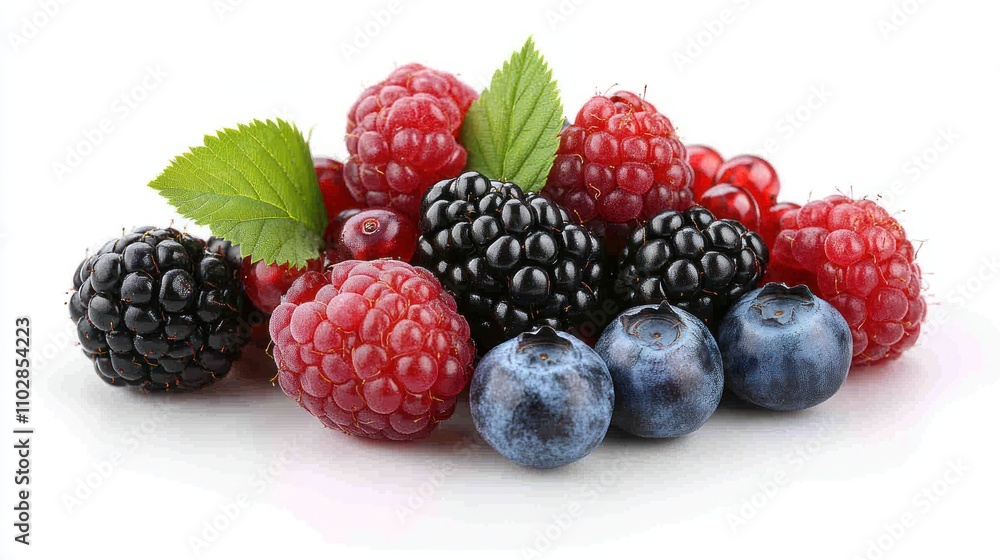 Assorted fresh berries, including raspberries, blueberries, blackberries, and red currants, arranged on a white background. Assorted fresh berries, including raspberries, blueberries, blackberries, and red currants, arranged on a white background.