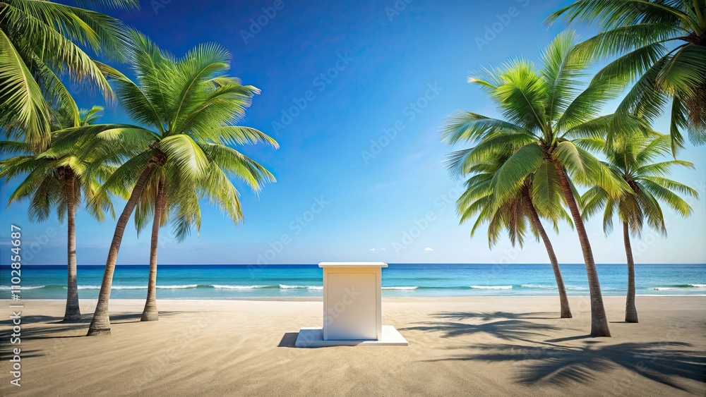 Empty podium on a sunny beach with palm trees and clear blue sky in the background, podium, beach, palm trees Empty podium on a sunny beach with palm trees and clear blue sky in the background, podium, beach, palm trees