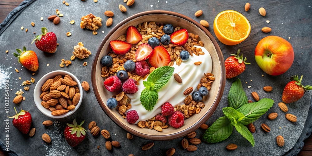 Top view of a homemade granola bowl with nuts, fruits and yogurt , healthy lifestyle, dieting, breakfast, granola, nuts Top view of a homemade granola bowl with nuts, fruits and yogurt , healthy lifestyle, dieting, breakfast, granola, nuts