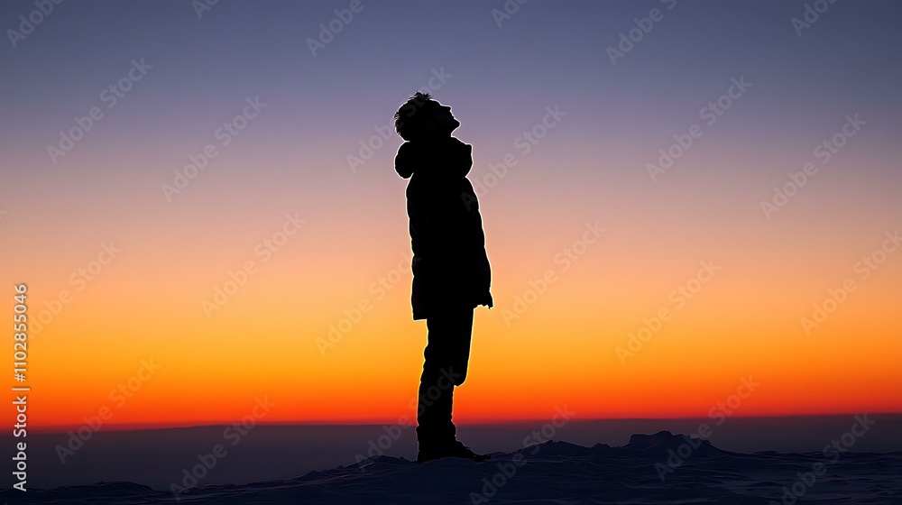 Fototapeta premium Silhouette of a Person Contemplating the Sunrise