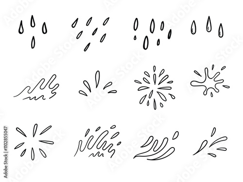 Hand drawn doodle water drop, droplets and splashing liquid