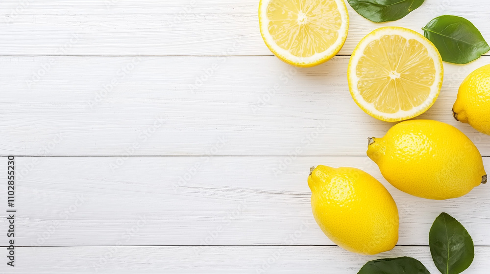 Fresh Lemon Slices & Whole Lemons with Green Leaves on White Wooden Background Fresh Lemon Slices & Whole Lemons with Green Leaves on White Wooden Background