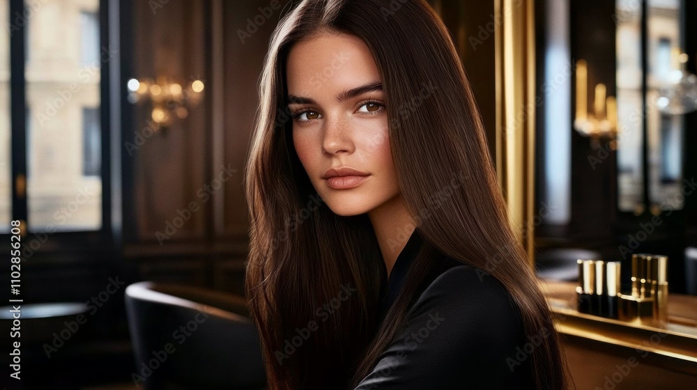 A woman with long brown hair is sitting in a chair in front of a mirror