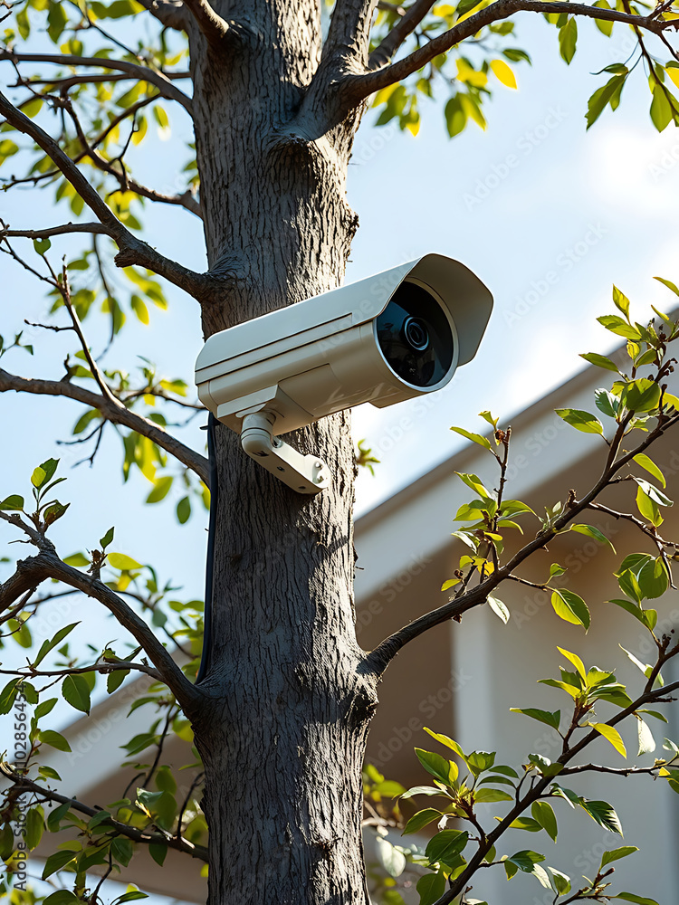 Security Camera Concealed in Tree: Daylight View of Suburban Home Surveillance. AI Generated Security Camera Concealed in Tree: Daylight View of Suburban Home Surveillance. AI Generated
