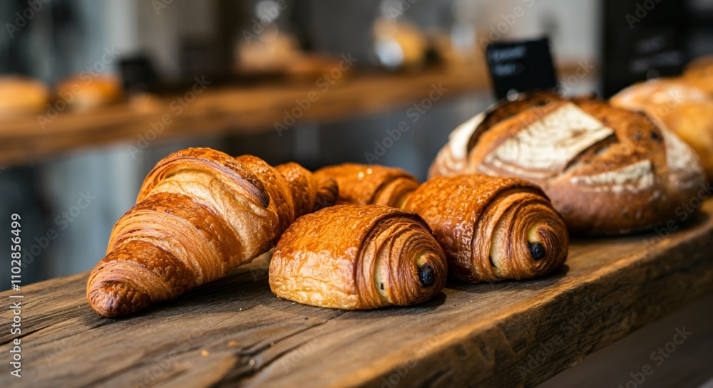 Freshly baked bread and pastries displayed on a rustic wooden counter Freshly baked bread and pastries displayed on a rustic wooden counter