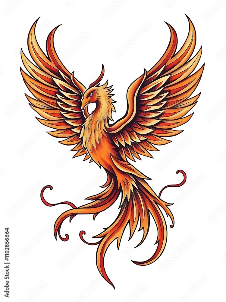 Obraz premium Fiery Phoenix Rising: A Vibrant Hand-Drawn Illustration. AI Generated