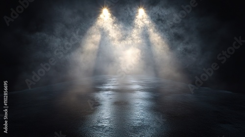 Dramatic Spotlight on Dark Stage with Foggy Atmosphere and Reflections