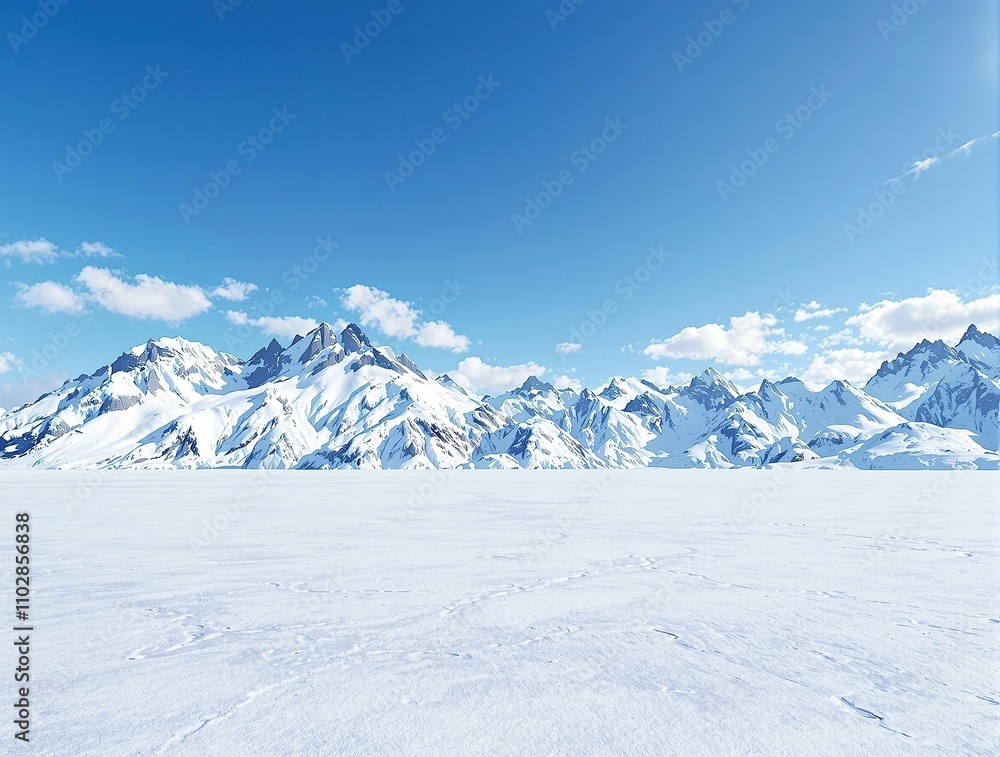 Panoramic view of a snow-covered mountain range with a frozen lake, winter, icy terrain, snow, white background Panoramic view of a snow-covered mountain range with a frozen lake, winter, icy terrain, snow, white background