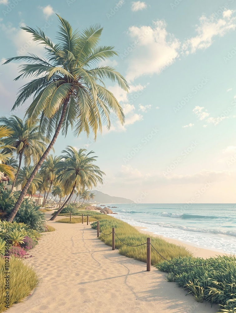 Palm trees sway gently in the breeze as a warm sand path leads to the ocean , tropical landscape, nature walk, outdoor stroll, sandy path Palm trees sway gently in the breeze as a warm sand path leads to the ocean , tropical landscape, nature walk, outdoor stroll, sandy path
