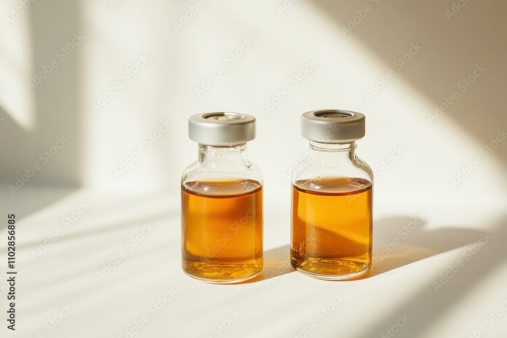 Glass Vials with Orange Liquid on Light Surface Glass Vials with Orange Liquid on Light Surface