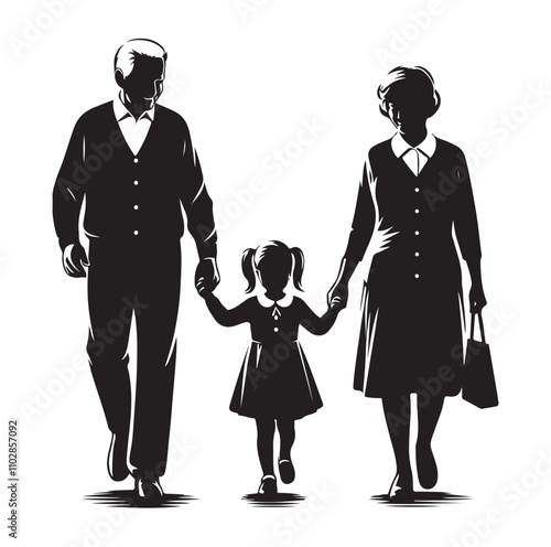 grandparents walking with granddaughter vector silhouette Illustration 