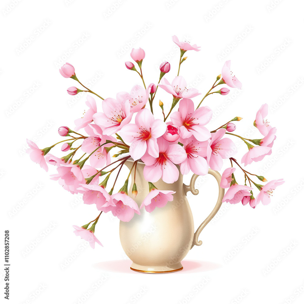 Obraz premium pink spring blossom in a pitcher on white background watercolor clipart, garden inspiration, flower vase, watercolor art