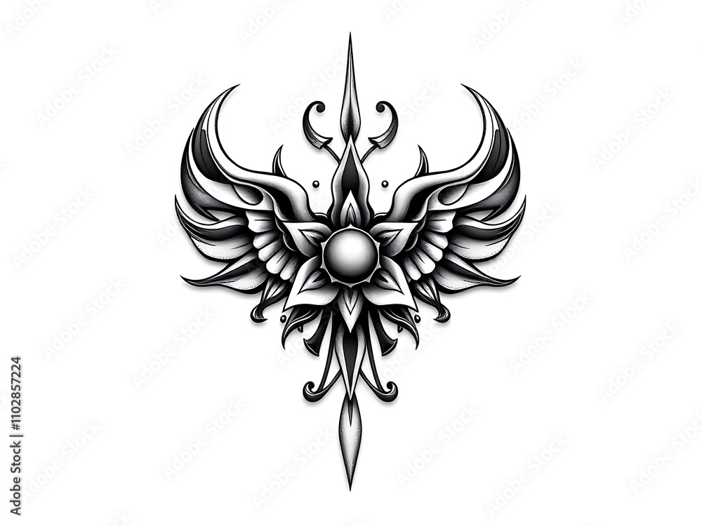 Ornate Winged Mandala Tattoo Design: Black Ink Illustration. AI Generated Ornate Winged Mandala Tattoo Design: Black Ink Illustration. AI Generated