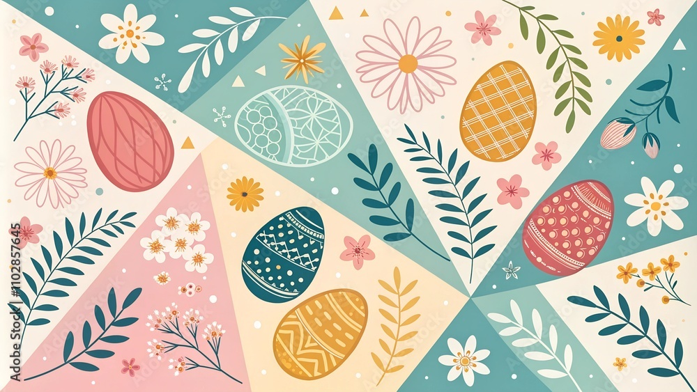 Happy easter! Vector illustration of geometric modern trendy abstract pattern, easter eggs, background, flowers and leaves for poster, flyer, greeting card or invitation
Happy easter! Vector illustration of geometric modern trendy abstract pattern, easter eggs, background, flowers and leaves for poster, flyer, greeting card or invitation