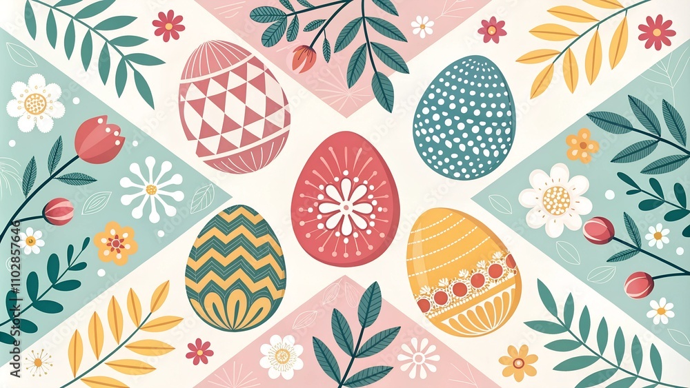 Happy easter! Vector illustration of geometric modern trendy abstract pattern, easter eggs, background, flowers and leaves for poster, flyer, greeting card or invitation
Happy easter! Vector illustration of geometric modern trendy abstract pattern, easter eggs, background, flowers and leaves for poster, flyer, greeting card or invitation