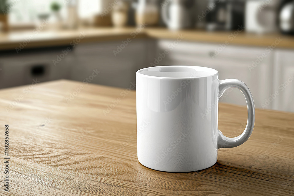 white coffee mug on wooden table in cozy kitchen setting, perfect for enjoying warm beverage. natural light enhances inviting atmosphere white coffee mug on wooden table in cozy kitchen setting, perfect for enjoying warm beverage. natural light enhances inviting atmosphere